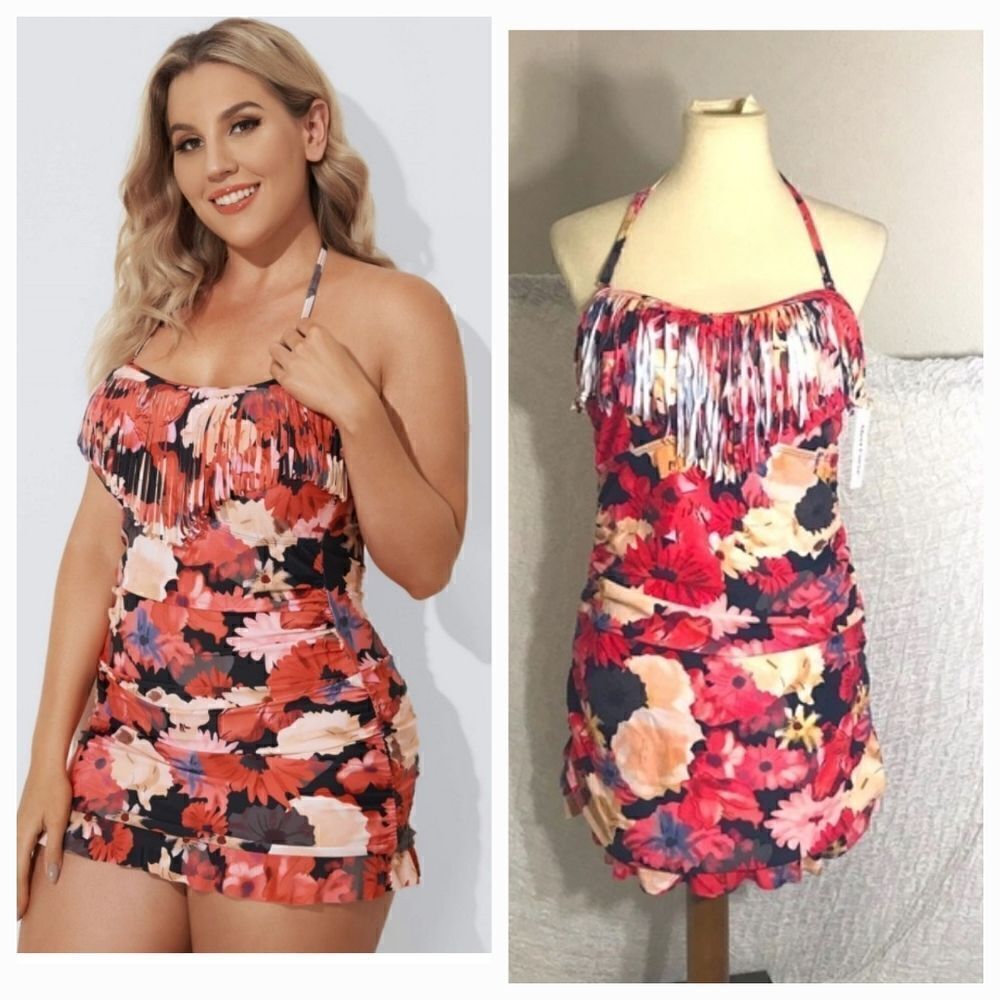 Meet Curve NWT Floral Fringe One Piece Swimdress Size XL
